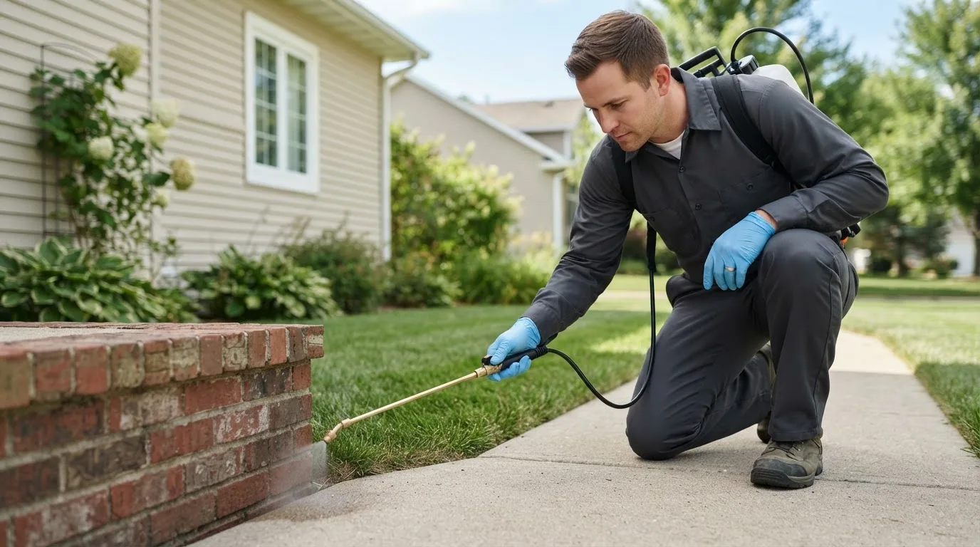 Pest control technician treating a home near Jamestown, ND