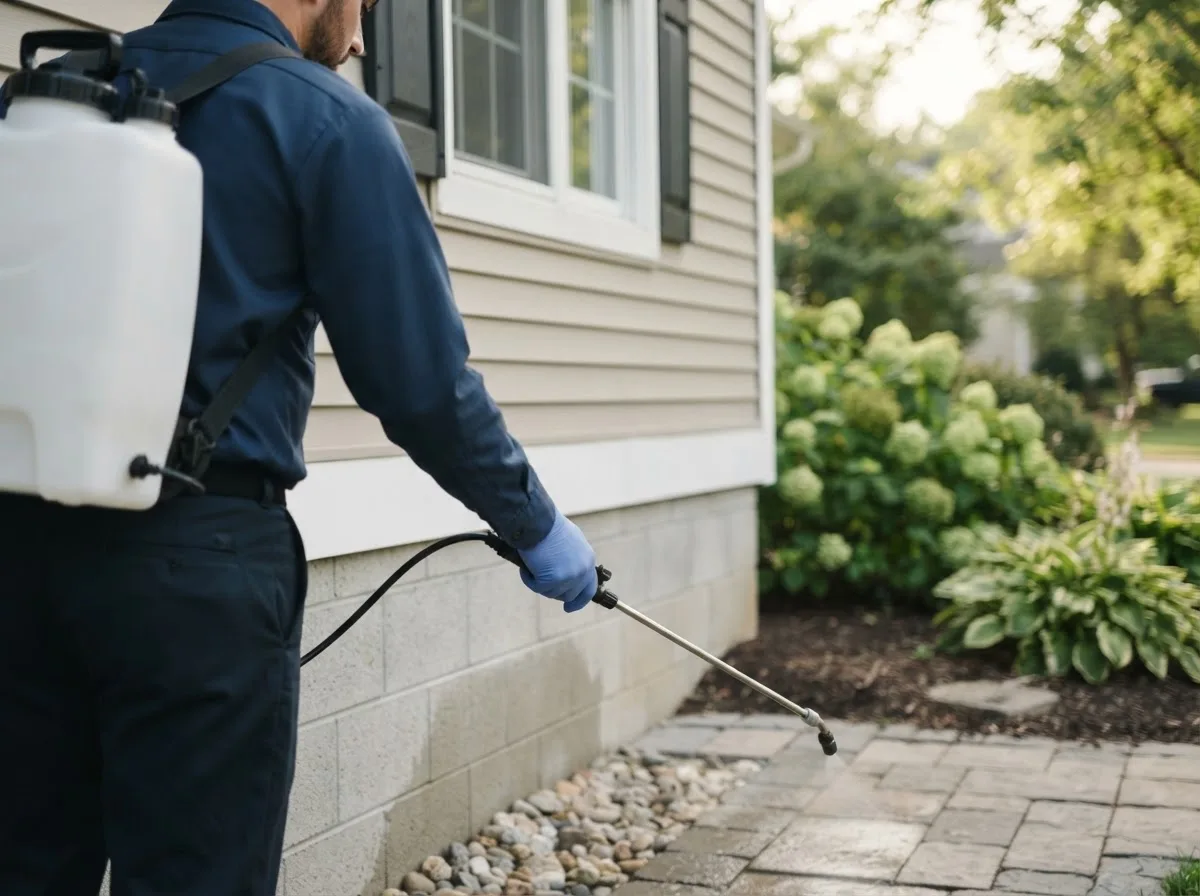 Pest control technician inspecting a home in Jamestown, ND